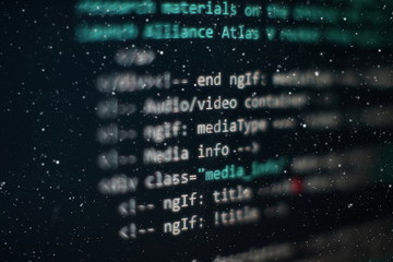 Programmer workplace. Big data storage and cloud computing representation. Programming code. Website development. Web site codes on computer monitor. Abstract screen of software. Computer script.