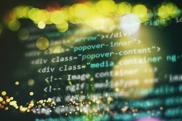 Programmer workplace. Big data storage and cloud computing representation. Programming code....