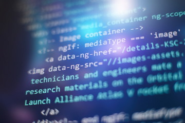 Programmer workplace. Big data storage and cloud computing representation. Programming code....
