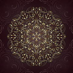 Vintage background mandala card with golden lace ornaments and art deco floral decorative elements