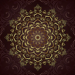 Vintage background mandala card with golden lace ornaments and art deco floral decorative elements