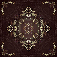 Vintage background mandala card with golden lace ornaments and art deco floral decorative elements