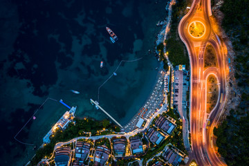 Aerial view of Budva road with lights and cars , Montenegro