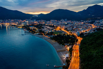 Aerial view of Budva road with lights and cars , Montenegro