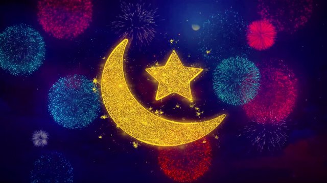 Eid Islamic Icon Symbol on Colorful Fireworks Particles. Object, Shape, Design, Text, Element, 4K Loop Animation.