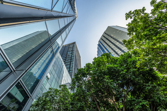 modern office building with green trees.
