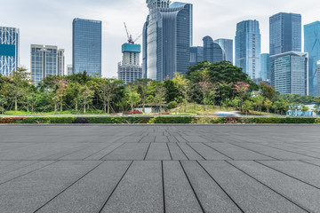 Panoramic skyline and buildings with empty square floor.