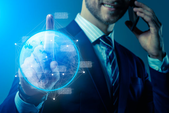 businessman hand point show one finger present virtual digital earth screen communication abstract graphic business technology ideas concept - Powered by Adobe