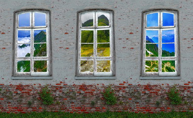 Conceptual view from retro window in the middle of  abandoned brick wall with growing green plants