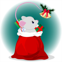Mouse in a New Year's bag. The tail is holding bells. Vector art