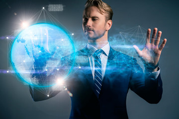 businessman hand point show one finger present virtual digital earth screen communication abstract graphic business technology ideas concept