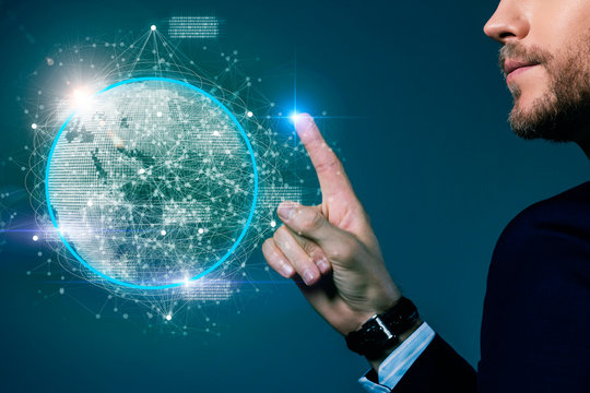 businessman hand point show one finger present virtual digital earth screen communication abstract graphic business technology ideas concept
