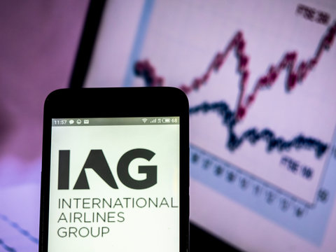 Kiev, Ukraine, March 10, 2019, illustrative editorial.   International Airlines Group logo seen displayed on smart phone.