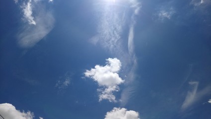 blue sky with white clouds and sun