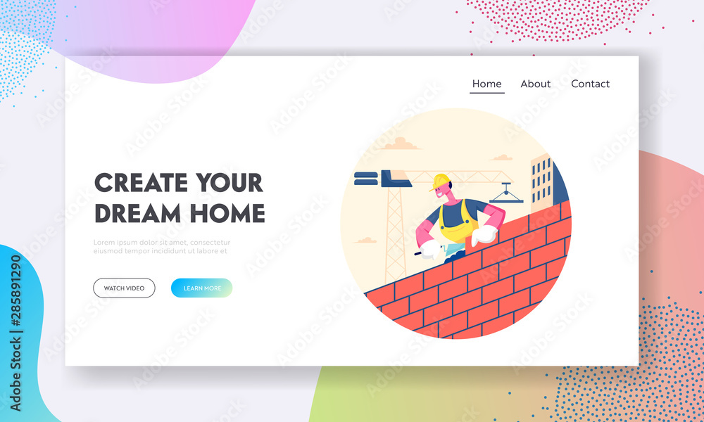 Poster man builder working at construction site website landing page. worker wearing helmet and uniform hol