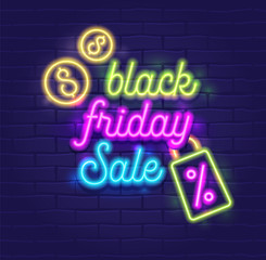 Black Friday Sale Banner with Highly Detailed Realistic Neon Glowing Typography on Dark Blue Brick Wall Background
