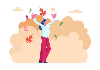 Happy Woman Walking in Park Throw Up Falling Colorful Leaves Enjoying Sunny Autumn Weather