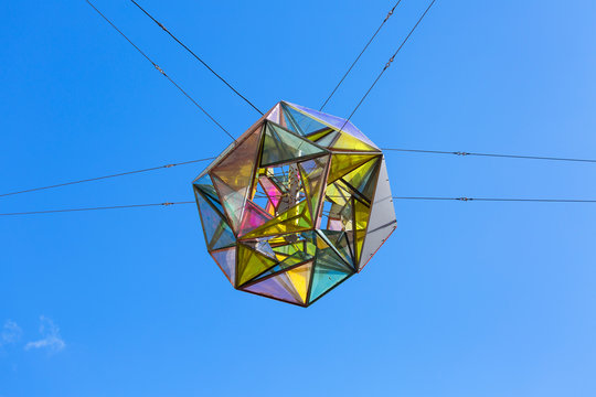 Great colorful light sphere on the squere in front of Copenhagen Maria Church, street lamp, Copenhagen, Denmark