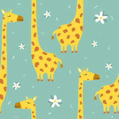 Giraffes, flowers, hand drawn backdrop. Colorful seamless pattern with animals. Decorative cute wallpaper, good for printing. Overlapping background vector. Design illustration