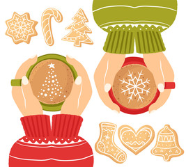 Сoncept of friendship. Christmas card with a Cup of cocoa. The concept of a cozy new year cafe. Top view. Christmas ginger cookies. Homemade cookies for the new year. Seasonal clipart