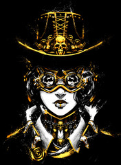 The woman drawn in the style of steampunk unusual sunglasses with huge lenses on the face, with gold accents in clothes. 2D Illustration