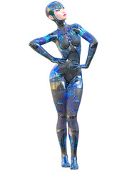 Cyborg Woman futuristic metallic neon suit.