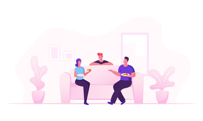 Friends Company Sitting on Couch in Living Room Drinking Beverages Eating Pizza Communicating at Home. Characters Friendship, Chatting People Having Leisure Sparetime Cartoon Flat Vector Illustration
