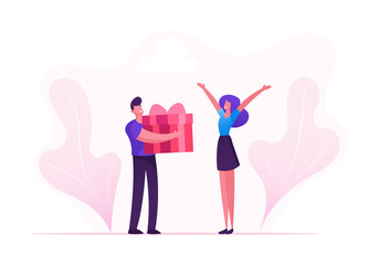 Loving Boyfriend Presenting Huge Wrapped Gift Box to Girlfriend on Happy Valentine Day, Birthday or any Holiday. Man and Woman in Relations. Happiness Surprise Love Cartoon Flat Vector Illustration