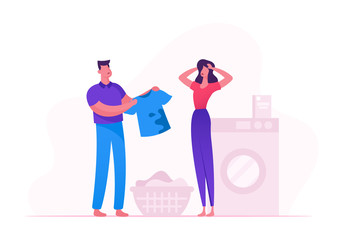 Household Everyday Routine, Weekend Family Chores. Upset Man Show Dirty T-shirt with Huge Blame to Upset Woman Holding Head in Laundry Room with Washing Machine Cartoon Flat Vector Illustration