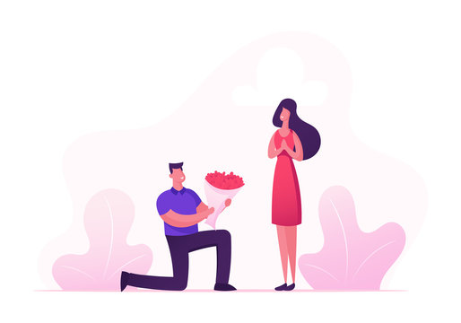 Cute Surprised Girl Happy to Get Bouquet of Beautiful Flowers from Boyfriend Standing on Knee. Couple Having Dating Man Give Present to Girlfriend. Love Human Relation Cartoon Flat Vector Illustration
