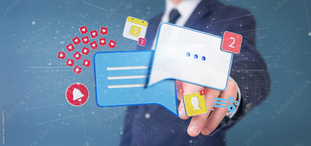 Poster businessman holding message and notifications of social media 3d rendering