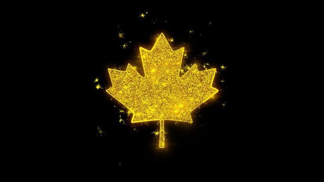 Canadian Maple Leaf Icon Sparks Glitter Particles on Black Background. Shape, Design, Text, Element, Symbol Alpha Channel 4K Loop.