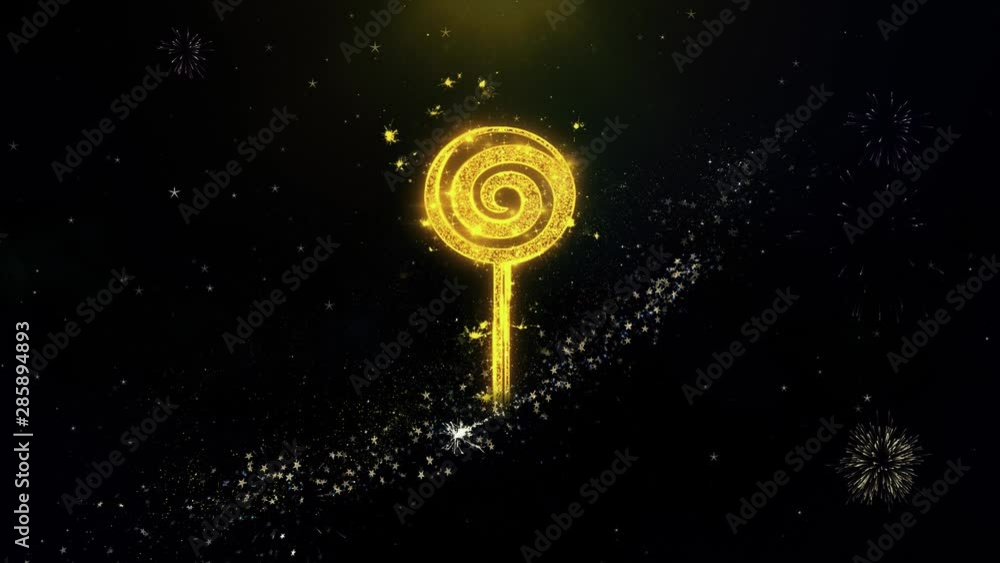 Poster lollipop candie icon on gold glitter particles spark exploding fireworks display . object, shape, te