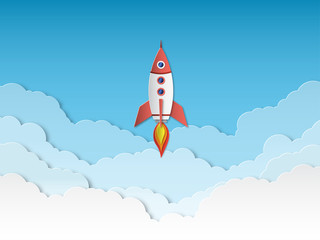 Rocket paper cut. Rockets launch with clouds, successful business start up. Taking off spaceship 3d cartoon origami vector background