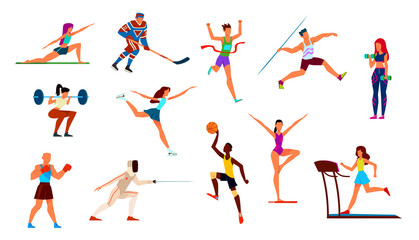 Fototapeta na wymiar Athletes set. Gymnast and runner, boxer and figure skater, basketball player and hockey player. Fitness, cartoon vector sportsman