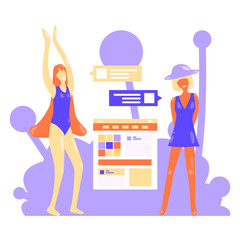 cartoon woman buys clothes in an online store. Vector illustration, modern flat design. A woman loves her body. Body positive