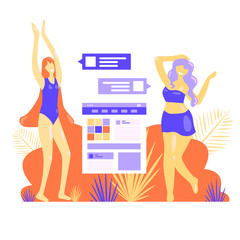 cartoon woman buys clothes in an online store. Vector illustration, modern flat design. A woman loves her body. Body positive