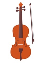 Simple flat style classic violin and bow, isolated on white. Realistic orchestra violin. Vintage musical instrument, vector illustration.