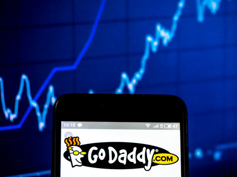  Kiev, Ukraine, February 14, 2019, illustrative editorial.. Go Daddy company logo seen displayed on smart phone