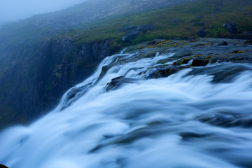 Long exposure photo of waterfall, view of the beautiful Dynjandi waterfall in Westfjords of Iceland, Europe.