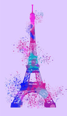 Fototapeta na wymiar eiffel tower in paris on colored sky bacground, watercolor hand painting with stippling, spray, splashes, rainbow pastels palette