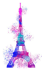 eiffel tower in paris on white, watercolor hand painting with stippling, spray, splashes, rainbow pastels palette