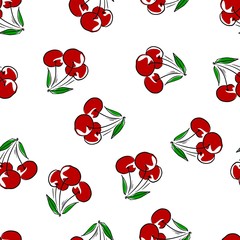 Hand drawn Cherry print and pattern seamless. Spring Summer trend textiles. Fruity background. Vector Illustration.