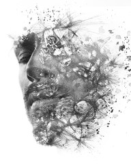 Paintography. Double exposure of an attractive male model with closed eyes combined with hand drawn paintings with lines and geometry, black and white
