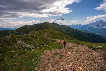 Panoramic view on Dolomites, hiking in the mountains