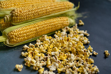 yellow popcorn and corncobs and raw corn, salt and sweet taste