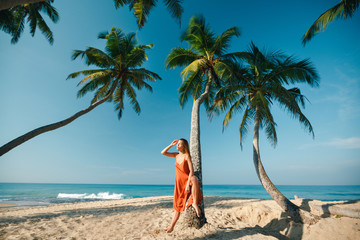 Slim young woman sittng on palm tree,  summer background with palms an blue ocean. Vacation in Sri Lanka