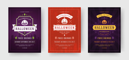 Halloween party flyers invitations or posters set vector illustration