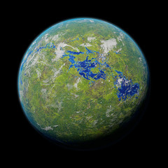green alien planet, jungle exoplanet with surface water and plant life isolated on black background
