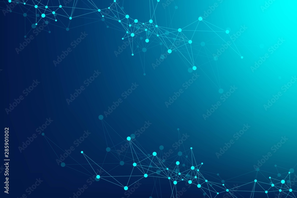 Poster Big data visualization. Geometric abstract background visual information complexity. Futuristic infographics design. Technology background with connected line and dots, wave flow. Vector illustration